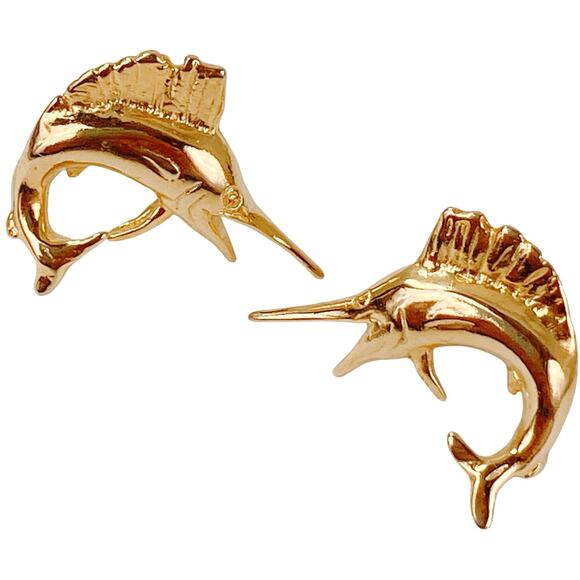Vintage Post Earrings Marlin Fish Nautical Coastal 80s 90s Gold Tone Swordfish - Picture 1 of 12